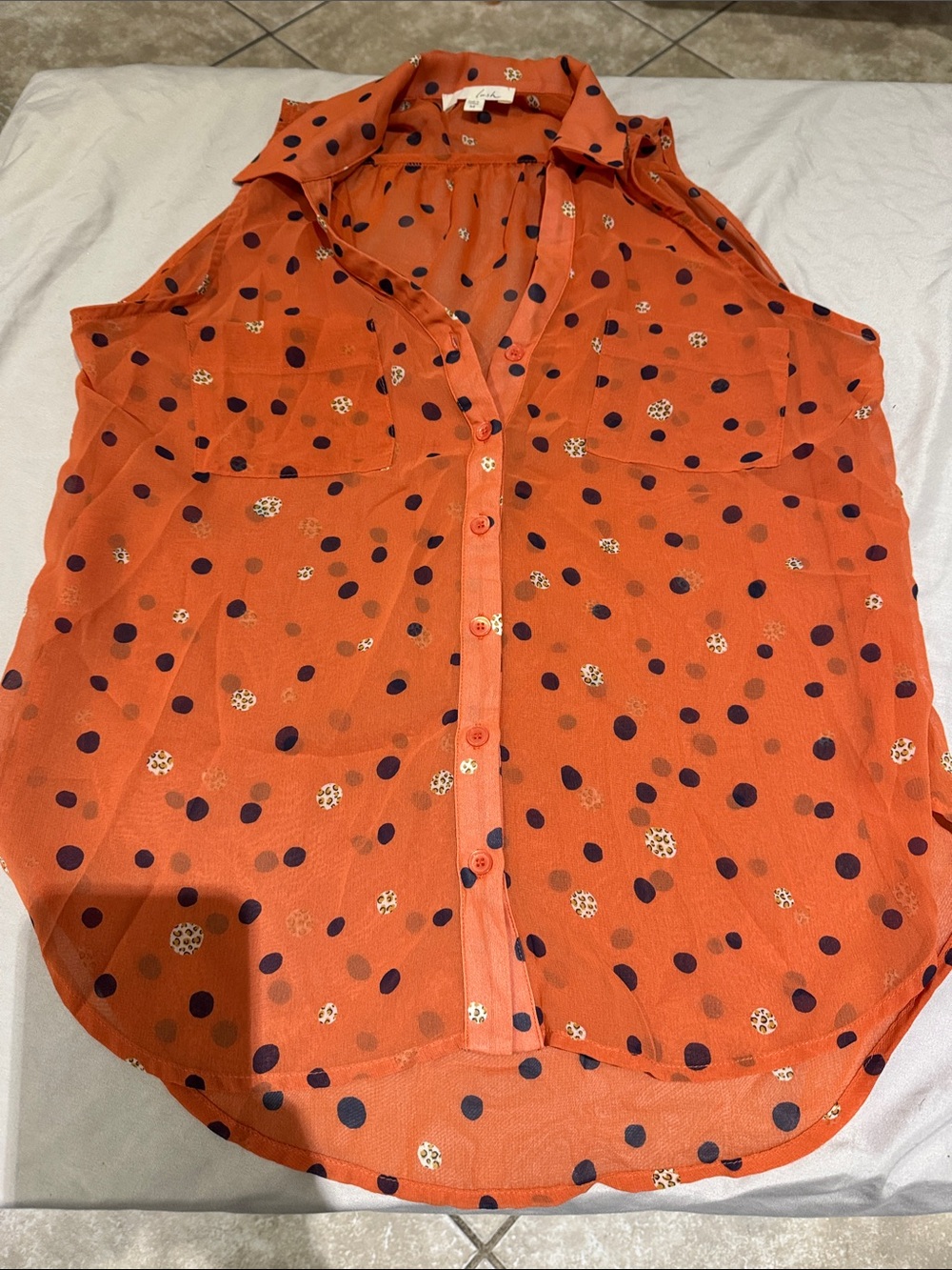 Lush Orange Polka Dot Sleeveless Button-Down Shirt